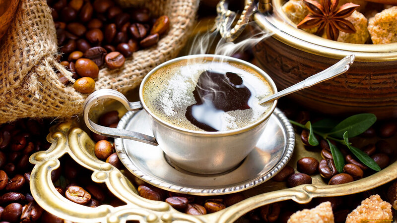 Steaming Coffee Cup — Brown, Warm, Photograph, Coffee Beans, Sugar Cubes, Star Anise