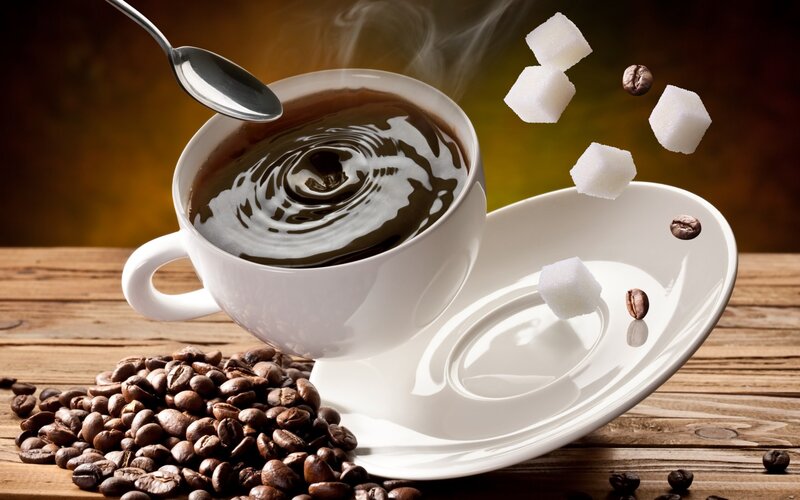 Steaming Coffee Cup — Brown, Warm, Photograph, Coffee Beans, Sugar Cubes