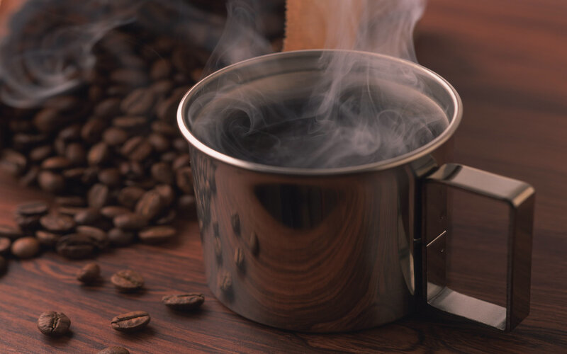 Steaming Coffee Cup — Brown, Warm, Photograph, Coffee Beans, Wood Surface