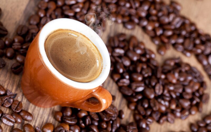 Steaming Coffee Cup — Brown, Warm, Photograph, Coffee Beans, Wooden Surface, Steam