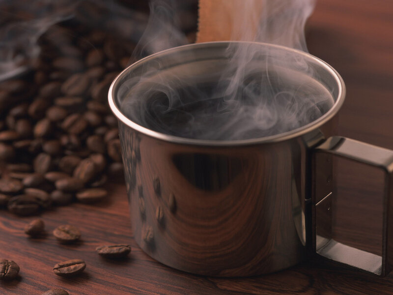 Steaming Coffee Cup — Brown, Warm, Photograph, Coffee Beans, Wooden Surface