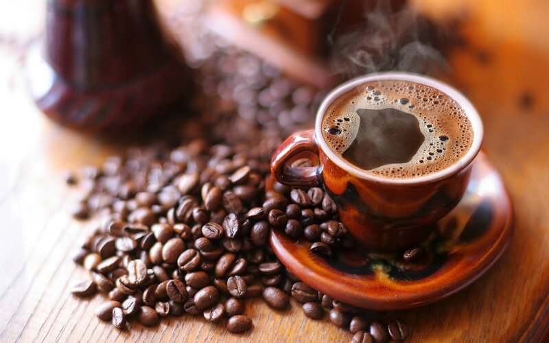 Steaming Coffee Cup — Brown, Warm, Photograph, Coffee Beans, Wooden Table