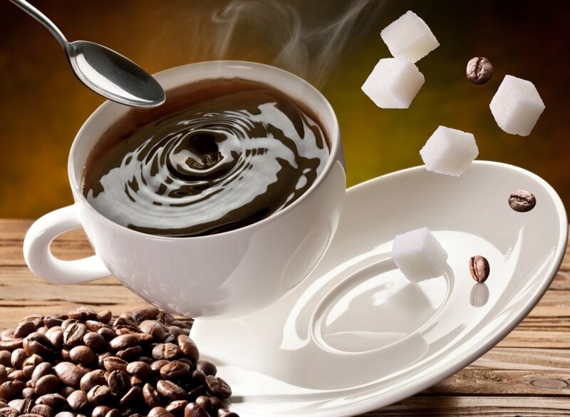 Steaming Coffee Cup — Brown, Warm, Photograph, Sugar Cubes