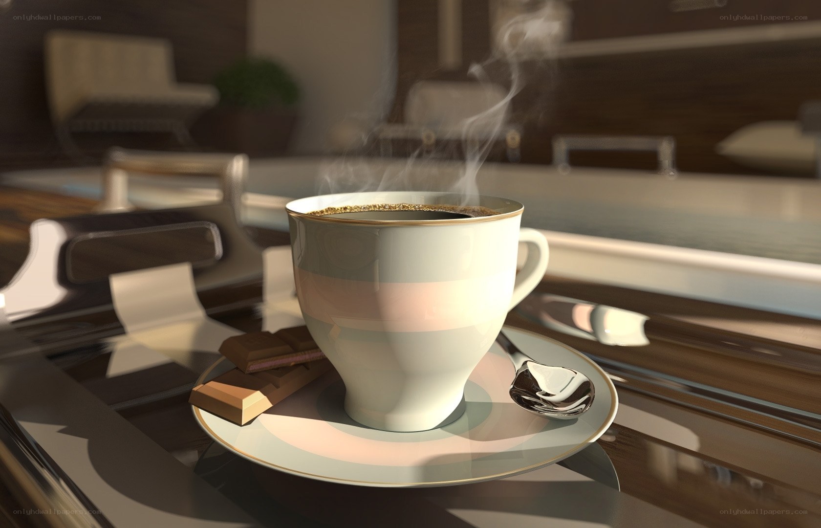 Steaming coffee cup on table