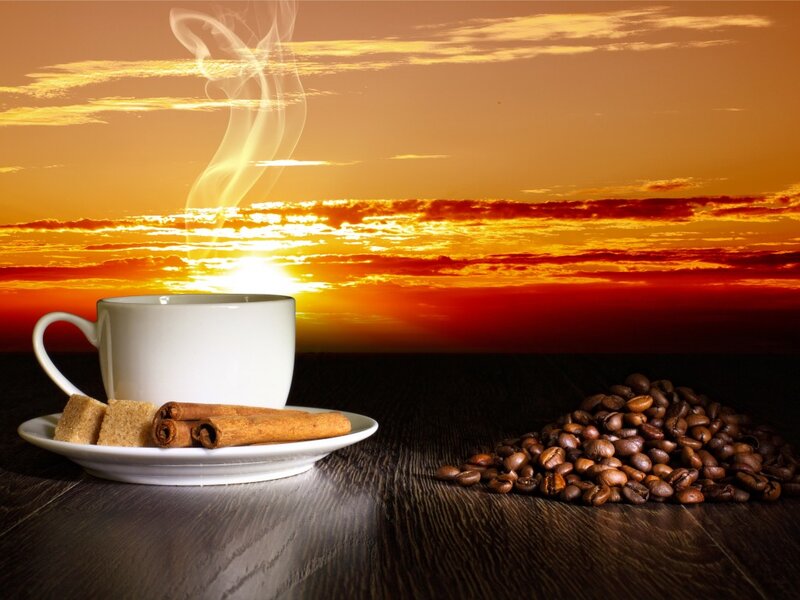Steaming Coffee Cup — Orange, Serene, Sunset