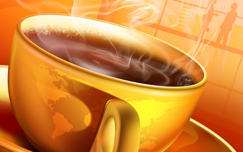 Steaming Coffee Cup — Orange, Warm, Digital Art