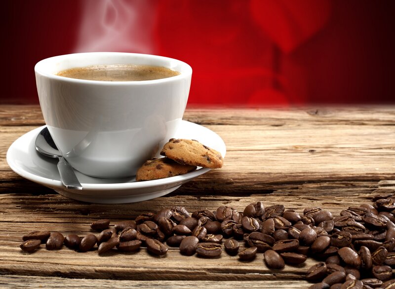 Steaming Coffee Cup — Red, Warm, Photograph, Cookies