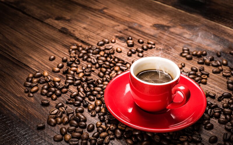 Steaming Coffee Cup — Red, Warm, Photograph