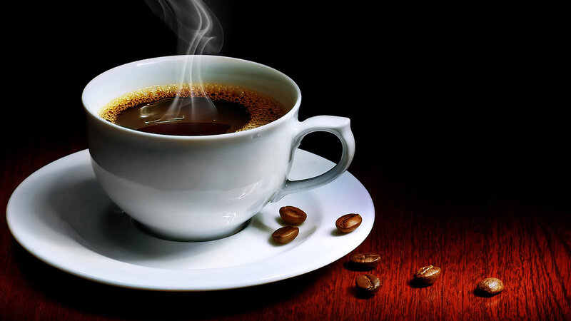 Steaming Coffee Cup — White, Dramatic, Photograph, Coffee Beans, Saucer, Wooden Table