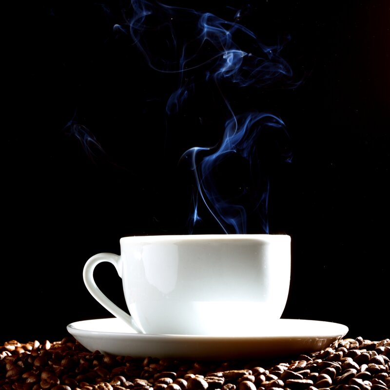 Steaming Coffee Cup — White, Dramatic, Photograph, Coffee Beans, Steam, Black, Brown, Square