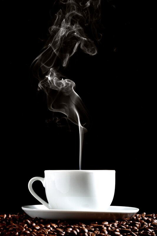 Steaming Coffee Cup — White, Dramatic, Photograph, Coffee Beans, Steam, Saucer, Black
