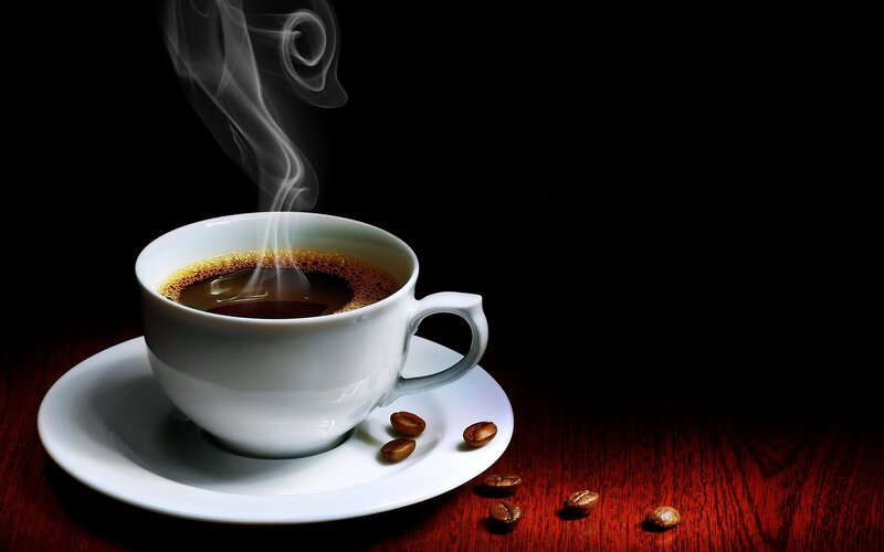 Steaming Coffee Cup — White, Dramatic, Photograph, Coffee Beans, Steam, Saucer