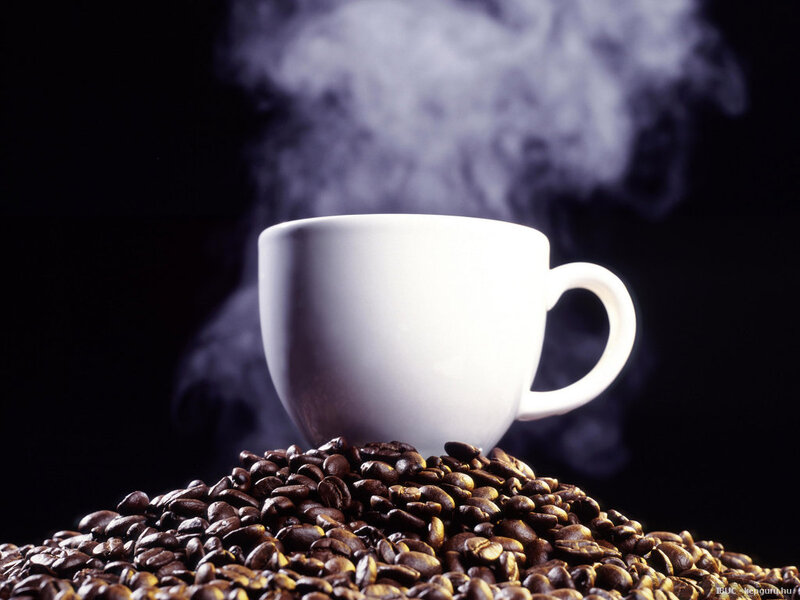 Steaming Coffee Cup — White, Dramatic, Photograph, Coffee Beans, Steam