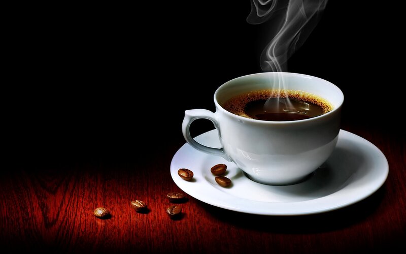 Steaming Coffee Cup — White, Dramatic, Photograph, Coffee Beans, Steam, Wooden Surface
