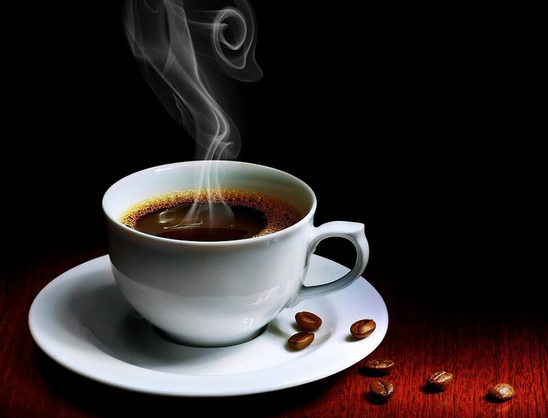 Steaming Coffee Cup — White, Dramatic, Photograph, Coffee Beans