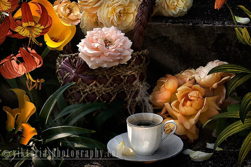Steaming Coffee Cup — White, Dramatic, Photograph, Flowers