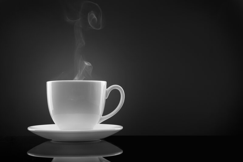 Steaming Coffee Cup — White, Dramatic, Photograph, Saucer