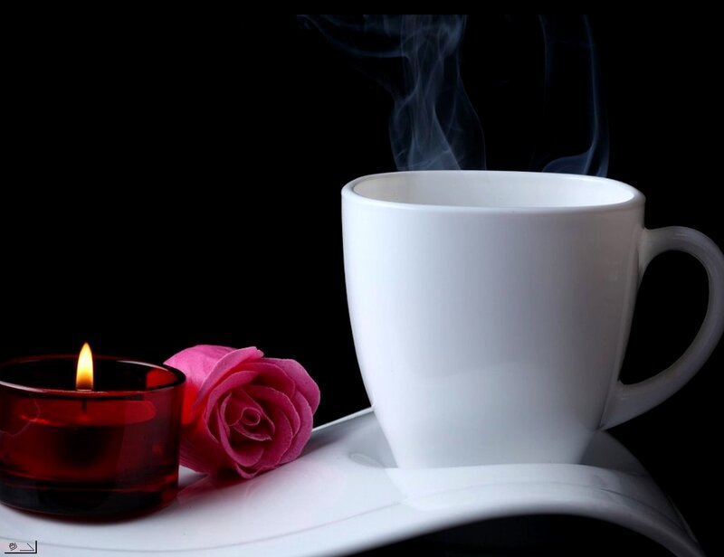 Steaming Coffee Cup — White, Serene, Night, Photograph, Candle