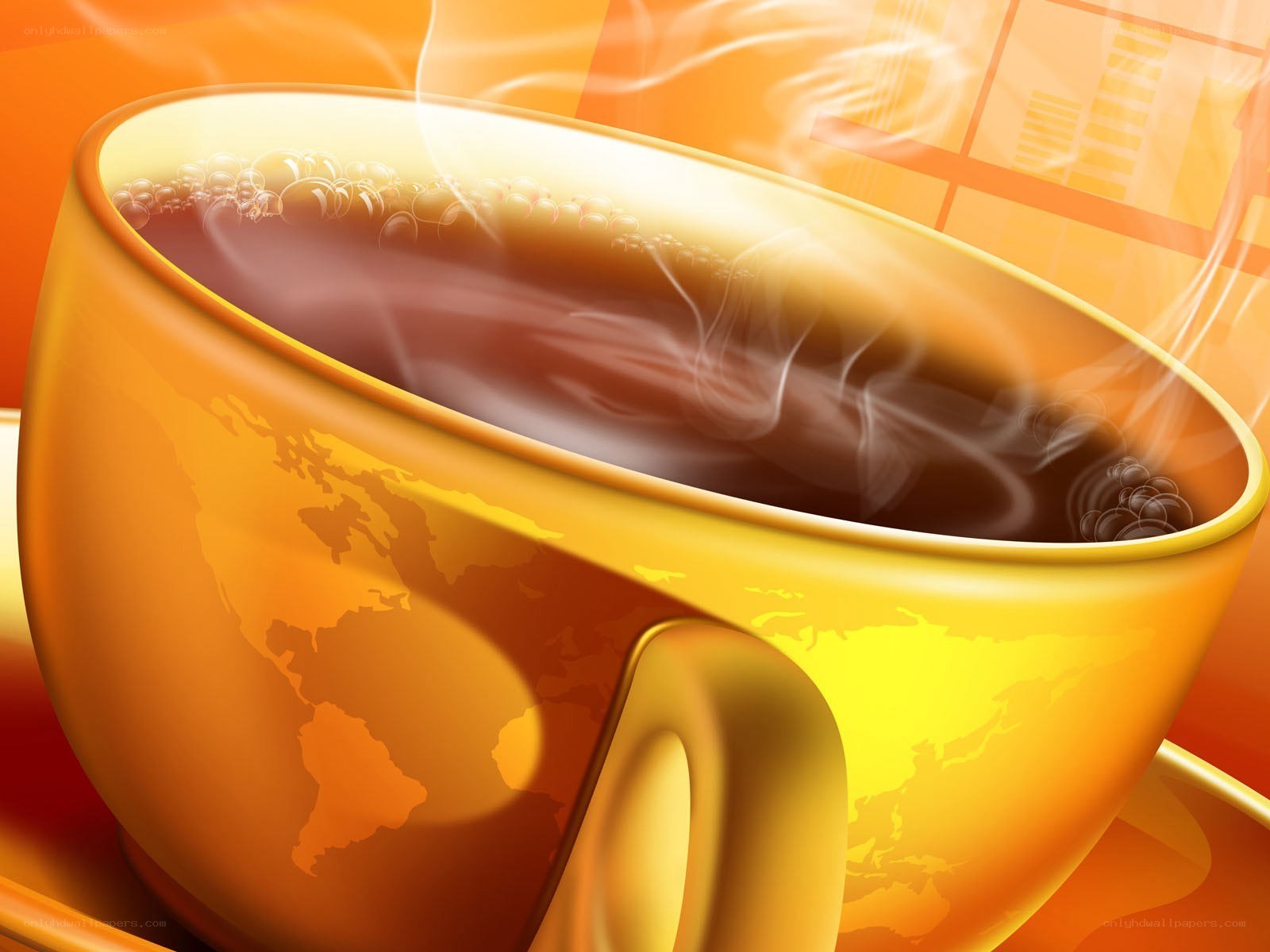 steaming coffee cup with world map