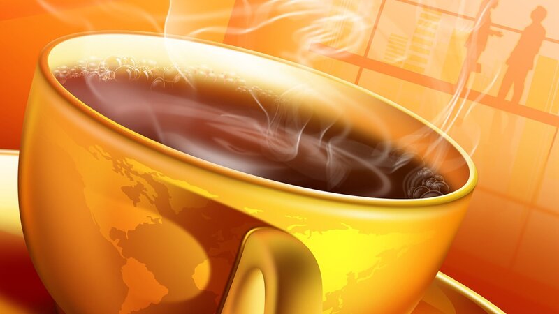 steaming coffee cup with world map