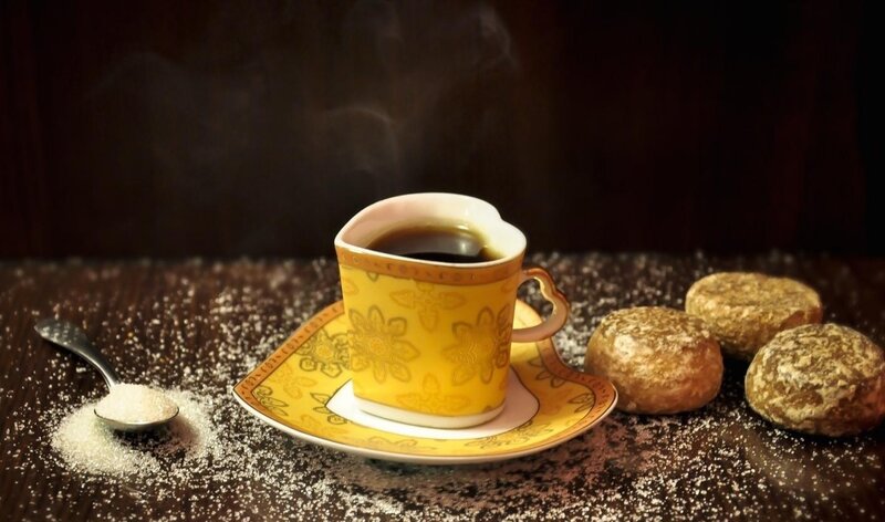 Steaming Coffee Cup — Yellow, Cozy, Photograph