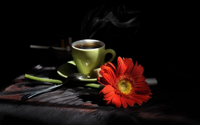 Steaming coffee with red flower