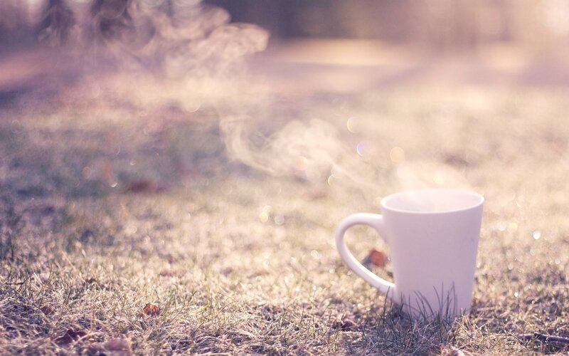 steaming mug on grass
