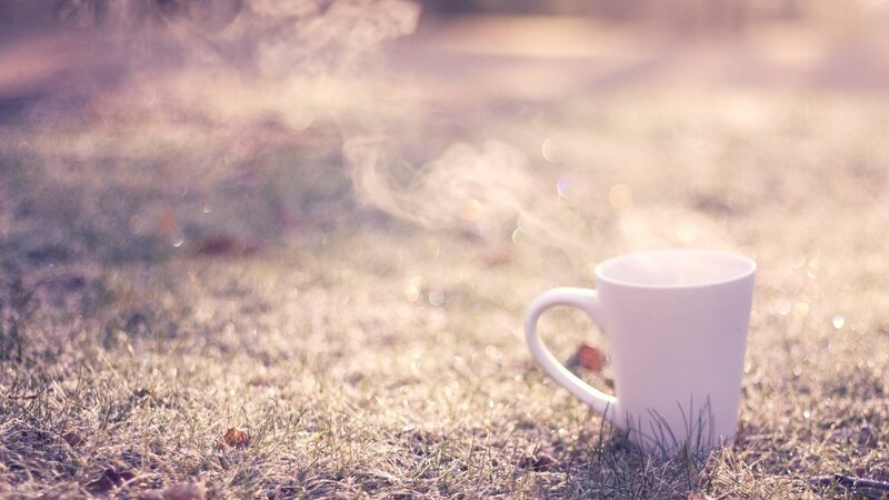 steaming mug on grass