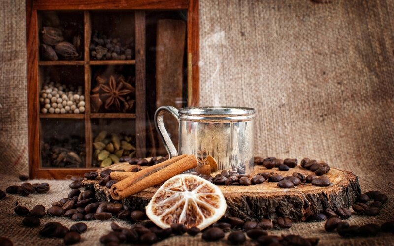 Steaming Mug on Wood — Brown, Cozy