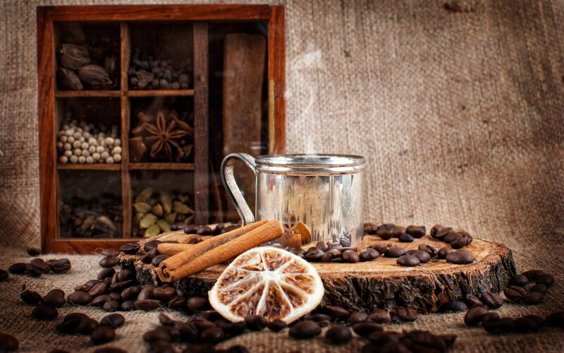 Steaming Mug on Wood — Brown