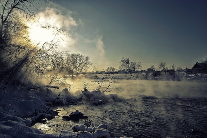 Steaming River in Winter — Blue