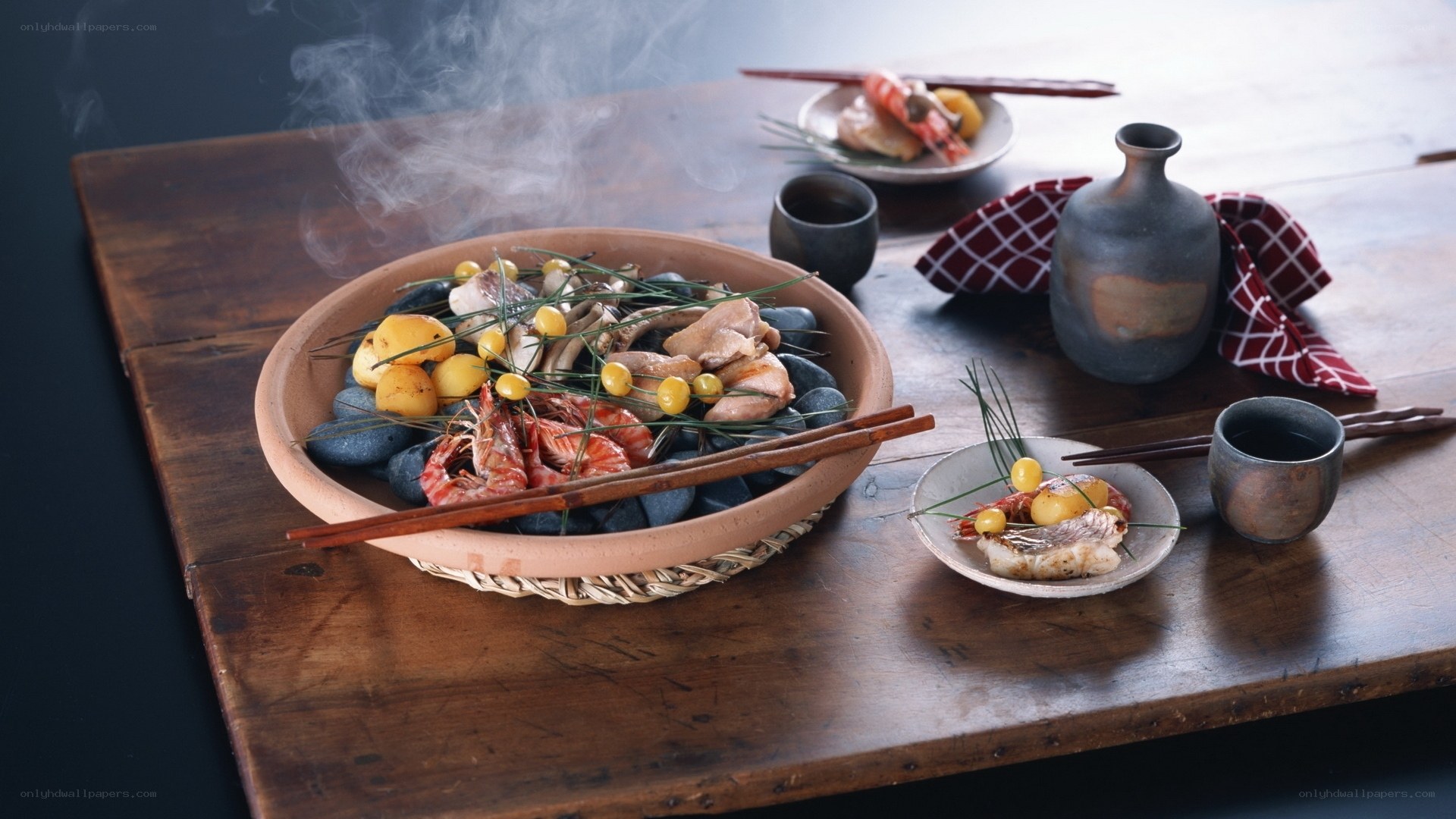 Steaming seafood dish on wood