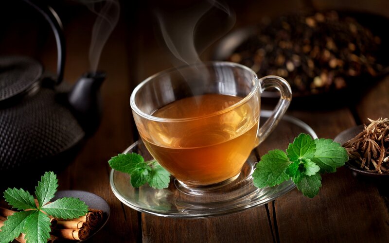 Steaming Tea Cup — Brown, Warm, Photograph, Tea Leaves