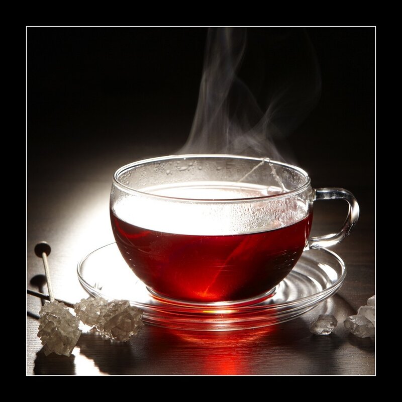 Steaming Tea Cup — Red, Dramatic, Photograph, Sugar Cubes