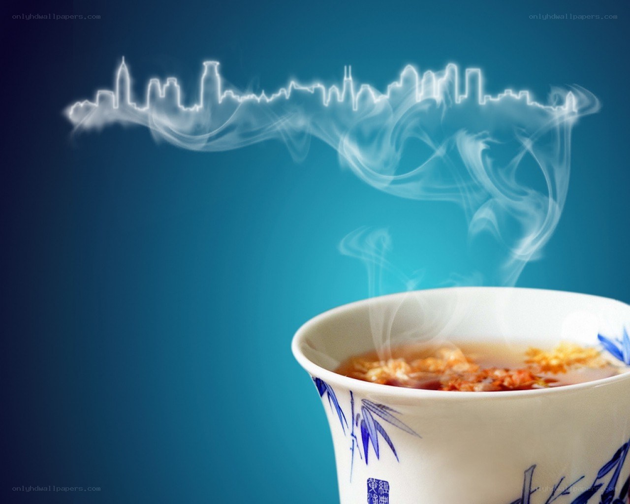 steaming tea with city skyline