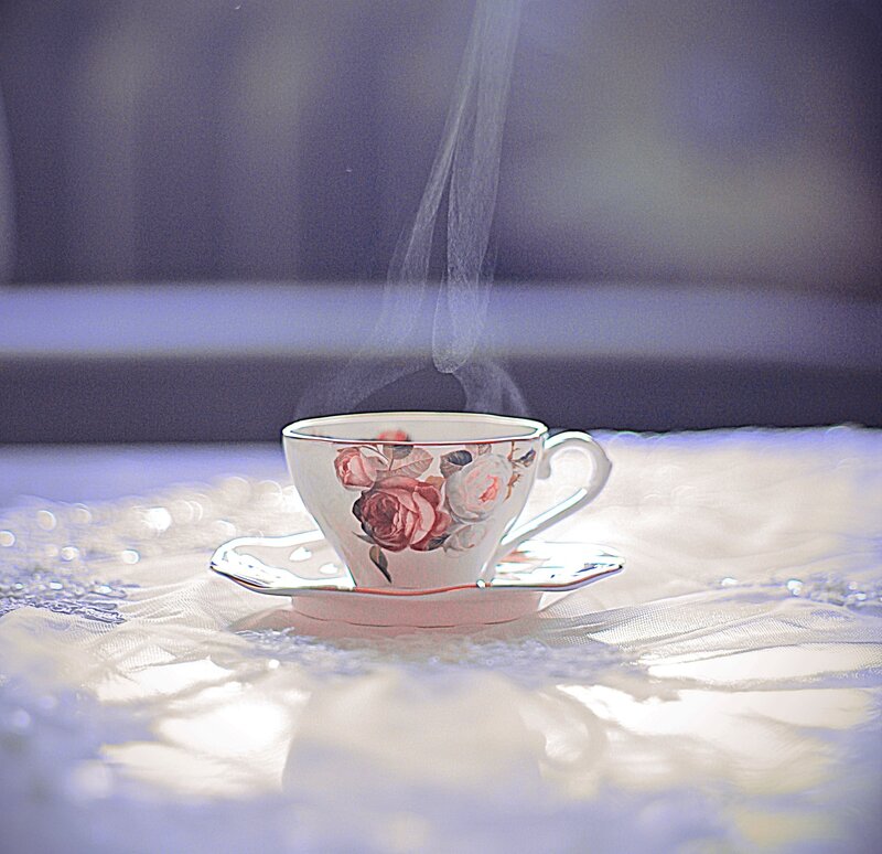 Steaming Teacup with Roses