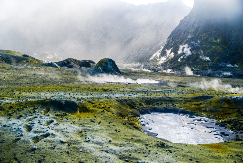 steaming volcanic landscape