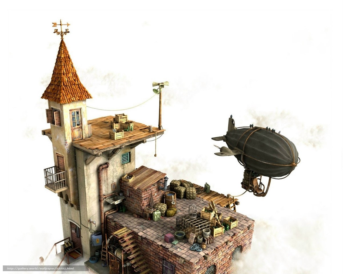 steampunk airship and tower