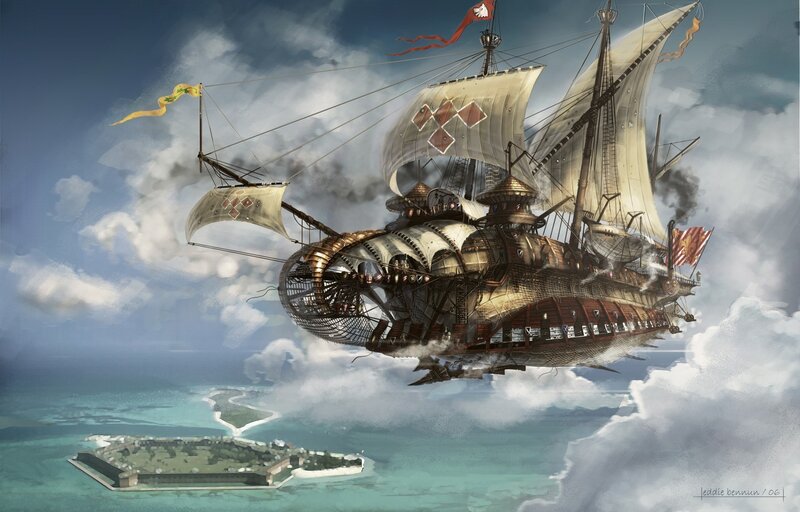 Steampunk Airship — Blue, Dramatic, Digital Art