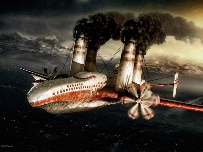 Steampunk airship flying over sea