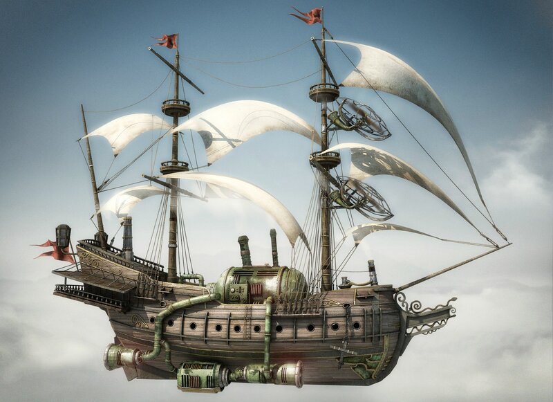 Steampunk Airship — Gray, Dramatic, 3d Render