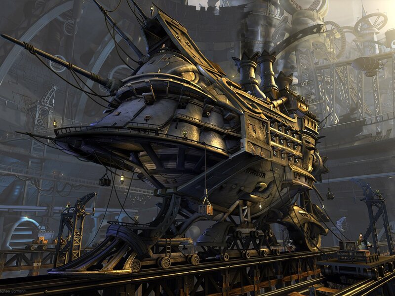 Steampunk Airship — Gray, Dramatic, Digital Art, Factory