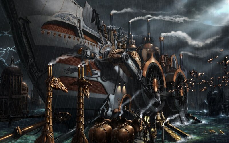 Steampunk Airship — Gray, Dramatic, Night, Digital Art, Giraffe Statues