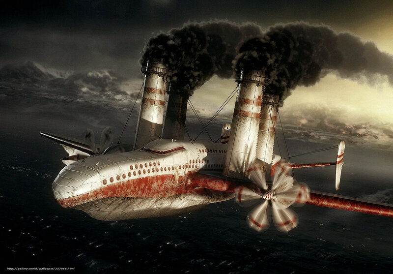 Steampunk Airship — Gray, Dramatic, Night, Digital Art, Smokestacks