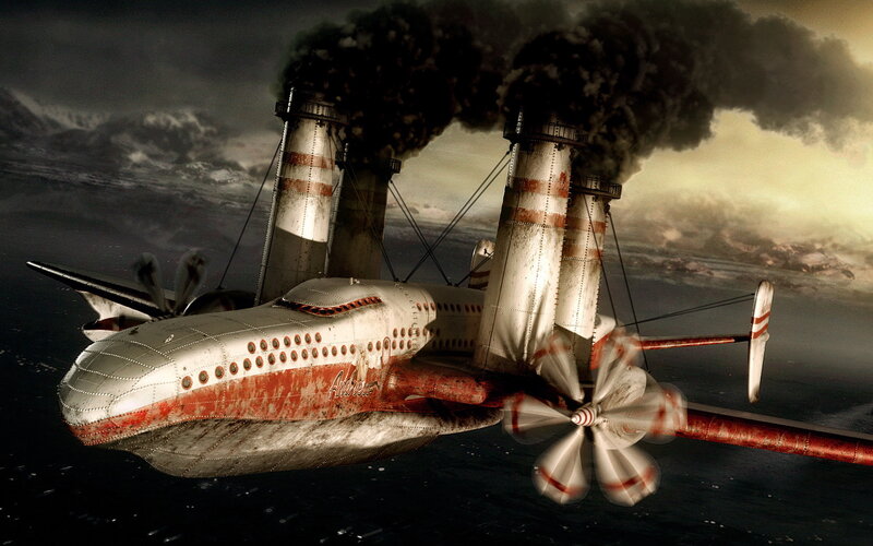 Steampunk Airship — Gray, Dramatic, Sunset
