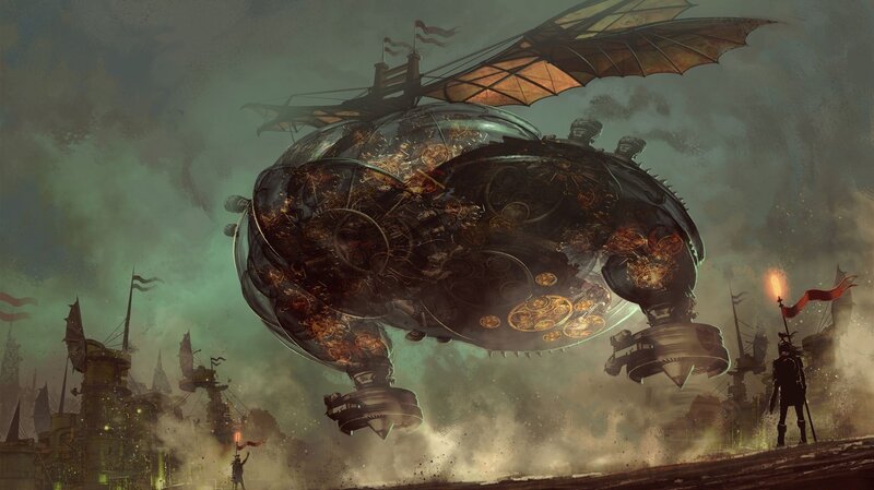 Steampunk Airship — Green, Dramatic, Digital Art, Soldier, City