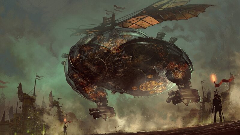 Steampunk Airship — Green, Dramatic, Digital Art, Soldier