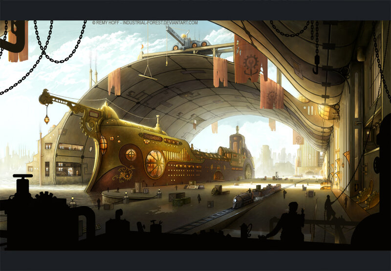 steampunk airship hangar