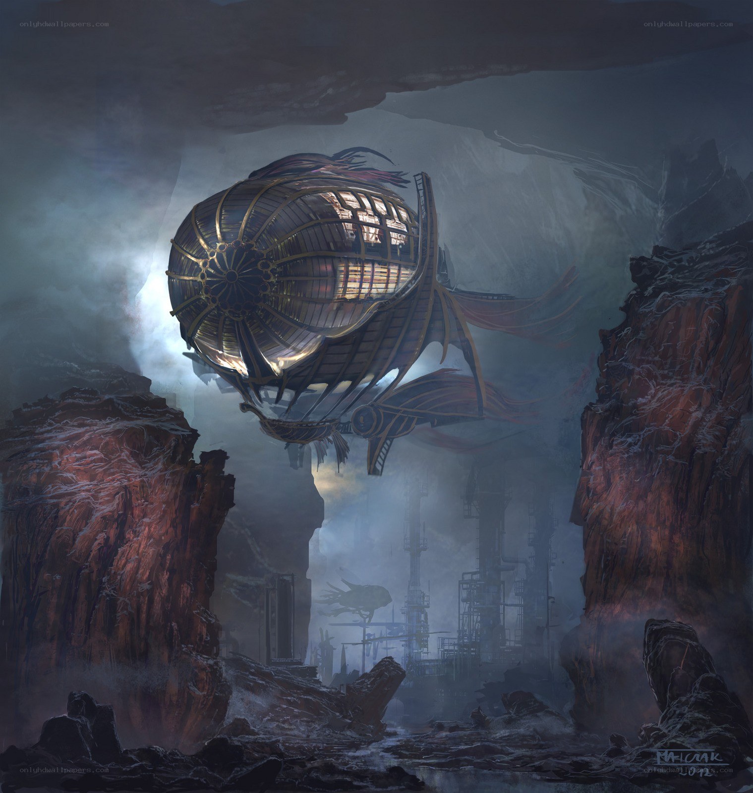 Steampunk airship in a canyon