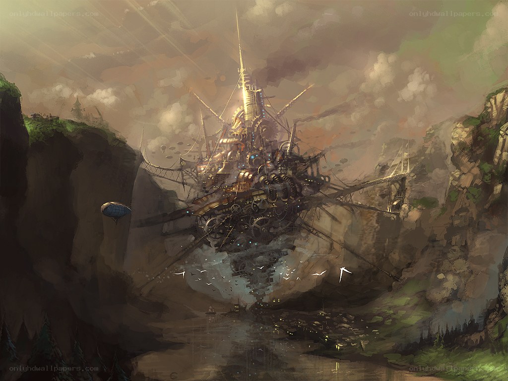 steampunk airship in canyon